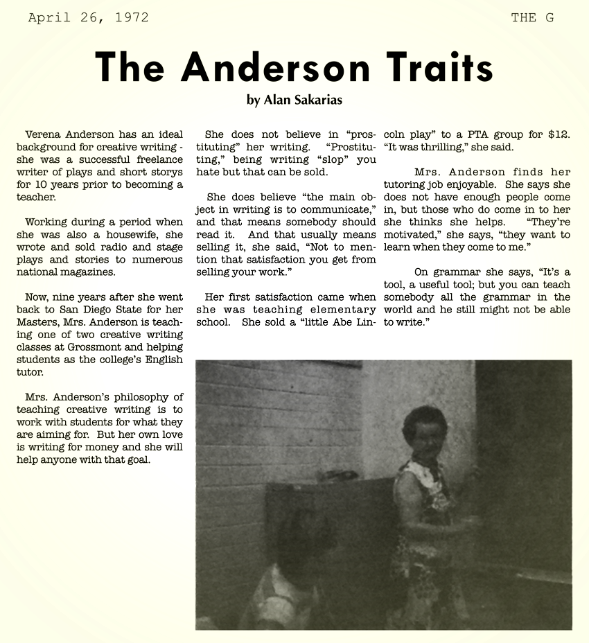 feature article about Verena Anderson, 1972